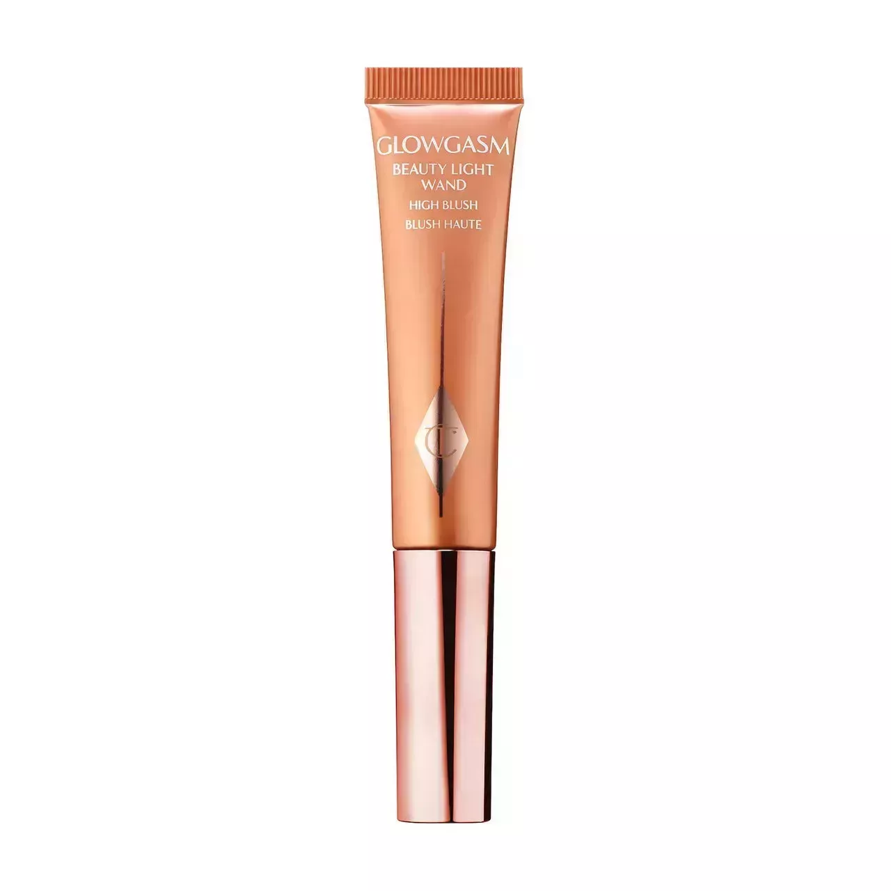 Charlotte Tilbury Beauty Light Wand in Peachgasm peach chrome tube on white background