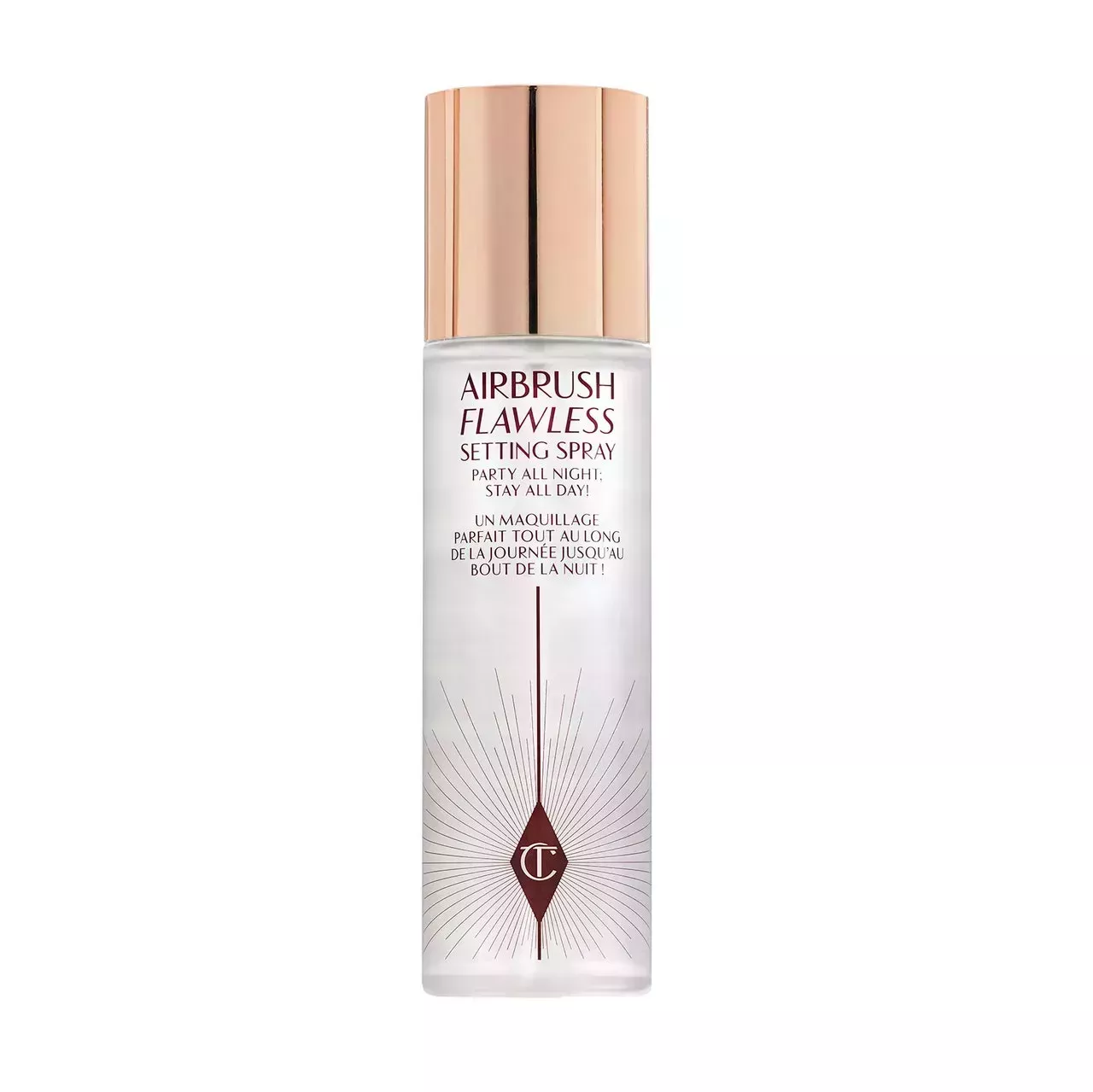 Charlotte Tilbury Airbrush Flawless Setting Spray translucent bottle of setting spray with gold cap on white background