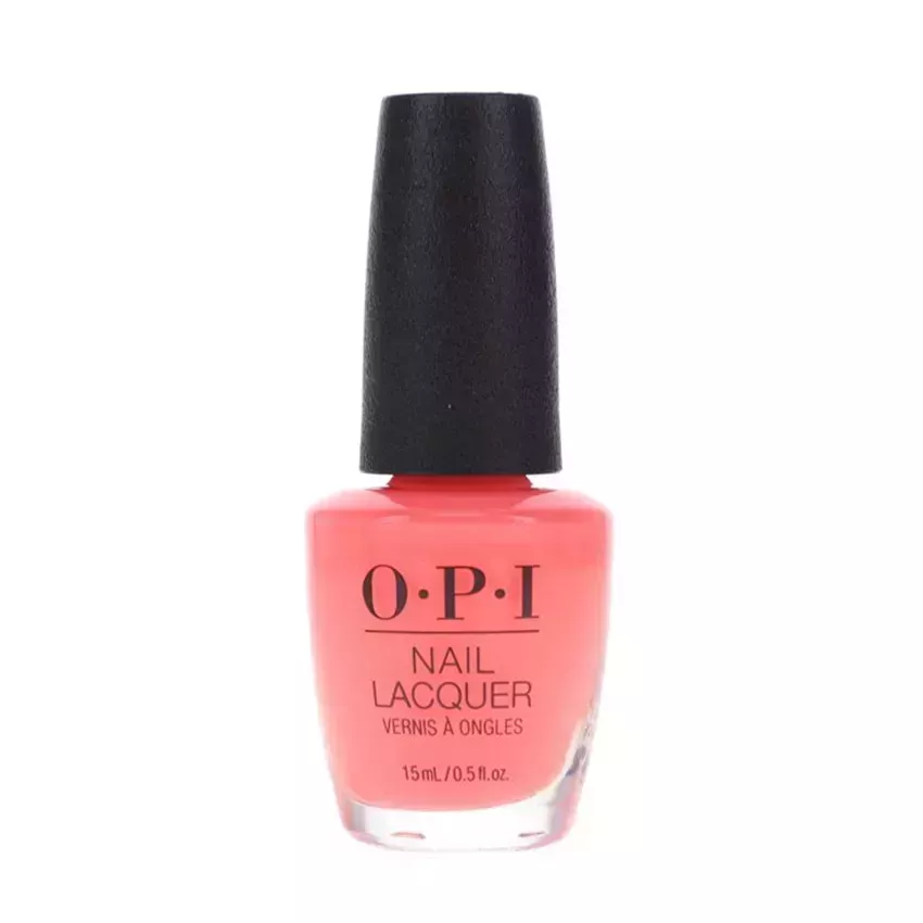 OPI Nail Polish in Got Myself Into a Jam-balaya transparent bottle of coral nail polish with black cap on white background