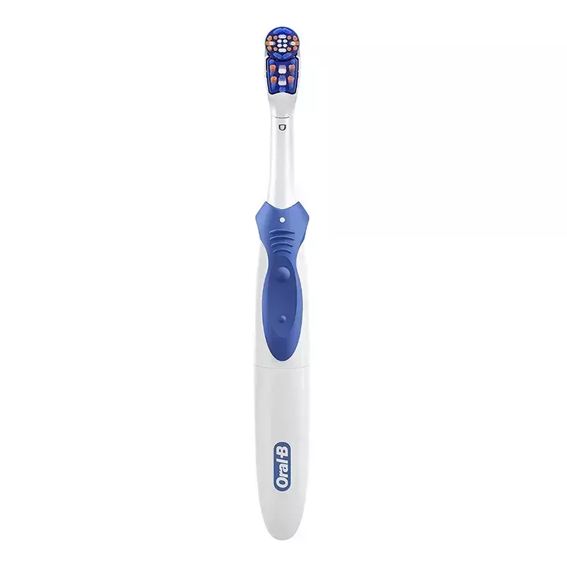 The white and blue Oral-B 3D White Action Power Toothbrush electric toothbrush on a white background.