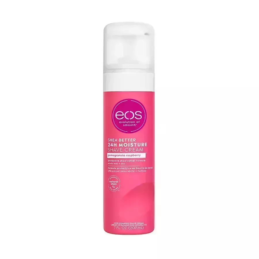 Eos Shea Better Shaving Cream pink bottle with white pump top and translucent white cap on white background