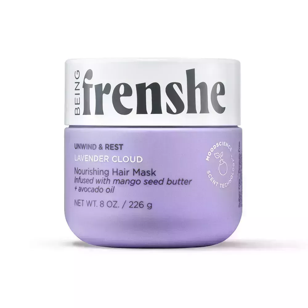 A lavender tub of Being Frenshe Nourishing Hair Mask in Unwind & Reset on white background