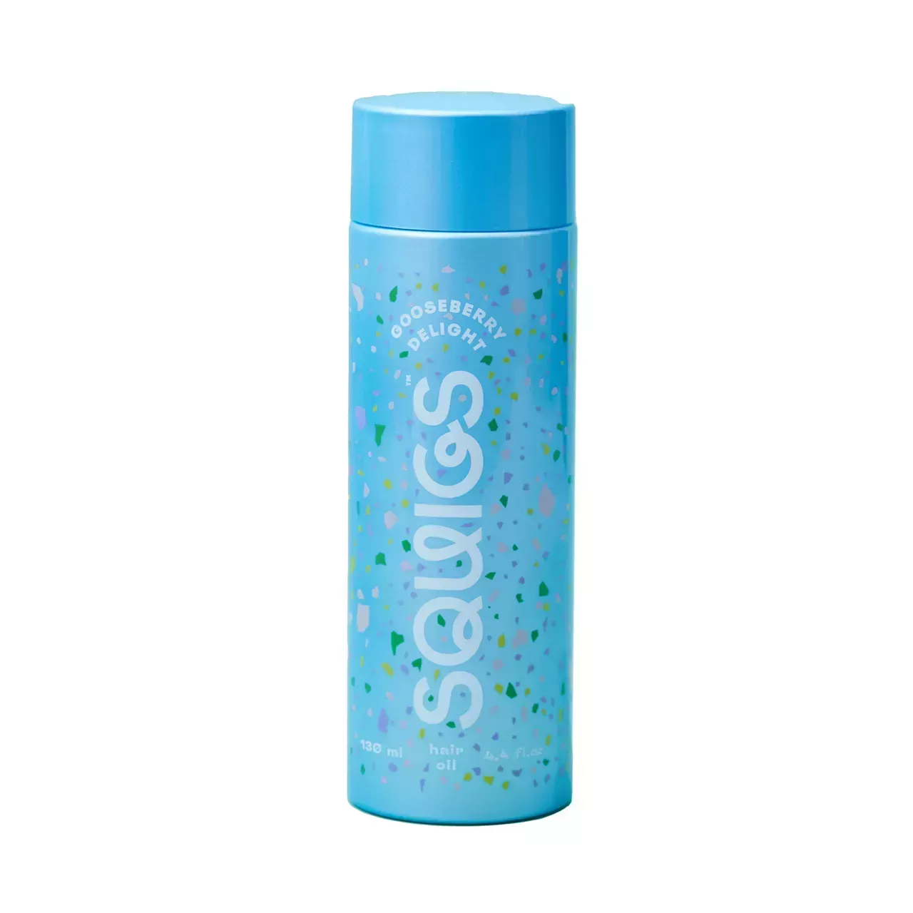 Squigs Gooseberry Delight Hair Oil blue bottle with confetti design on white background