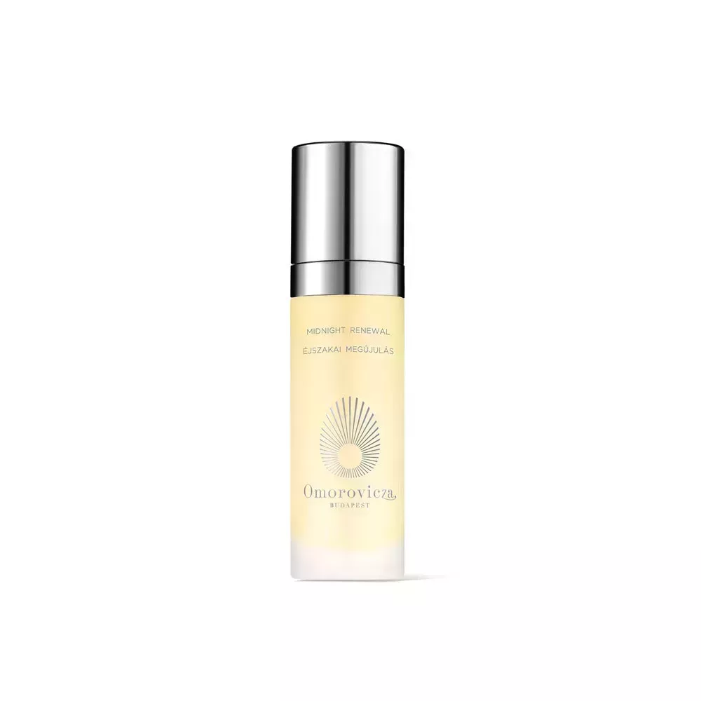 Closed container of Omorovicza Midnight Renewal serum on white background