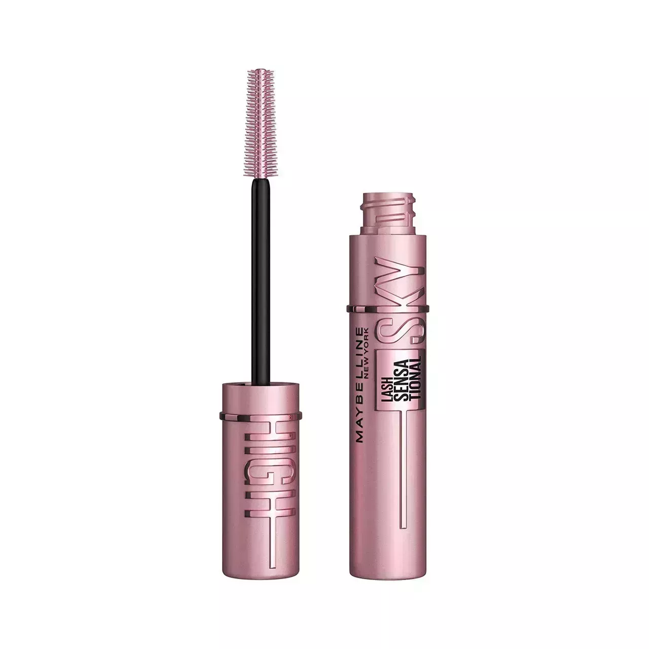 Maybelline New York Sky High Washable Mascara Makeup pale pink tube of mascara on white background