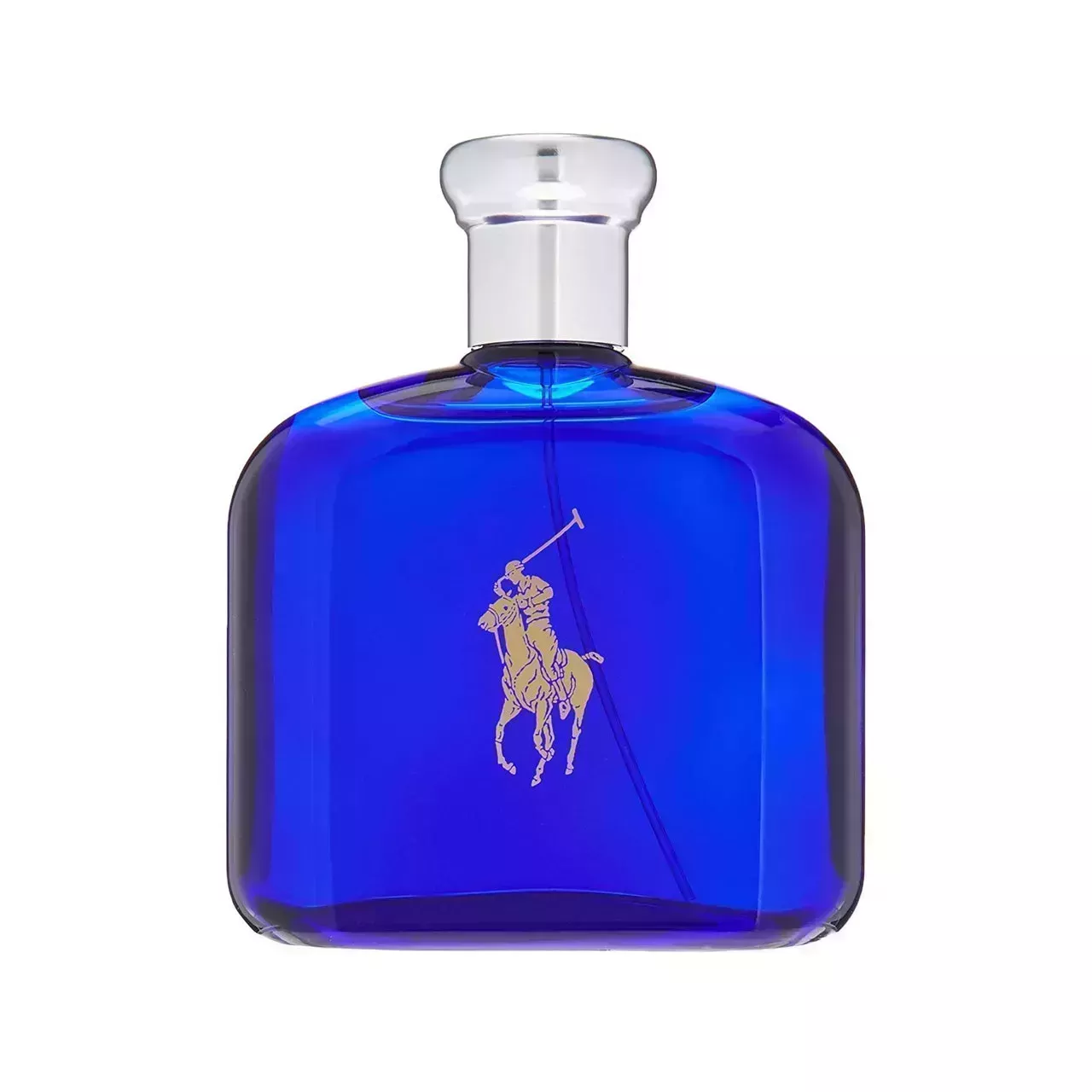 Polo Blue by Ralph Lauren Eau De Toilette Spray blue bottle of cologne with silver cap on white background