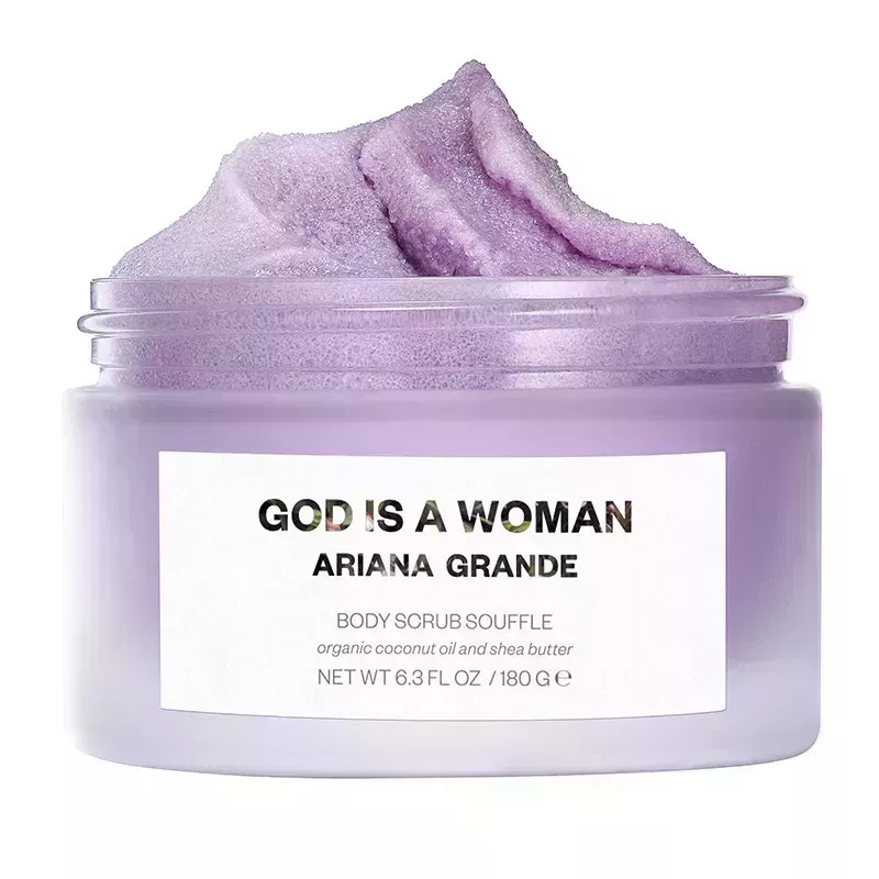 A clear jar filled with the lavender-colored Ariana Grande God Is a Woman Body Scrub Soufflé on a white background