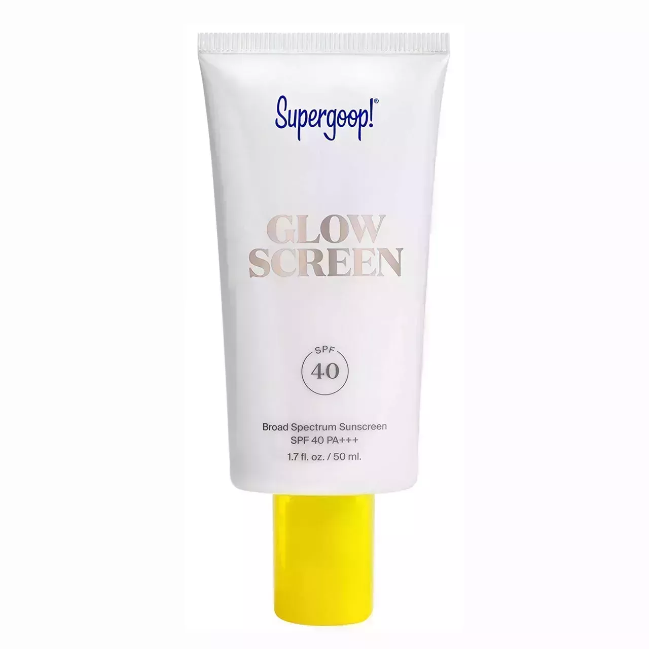 Supergoop Glowscreen SPF 40 in white plastic tube on white background 