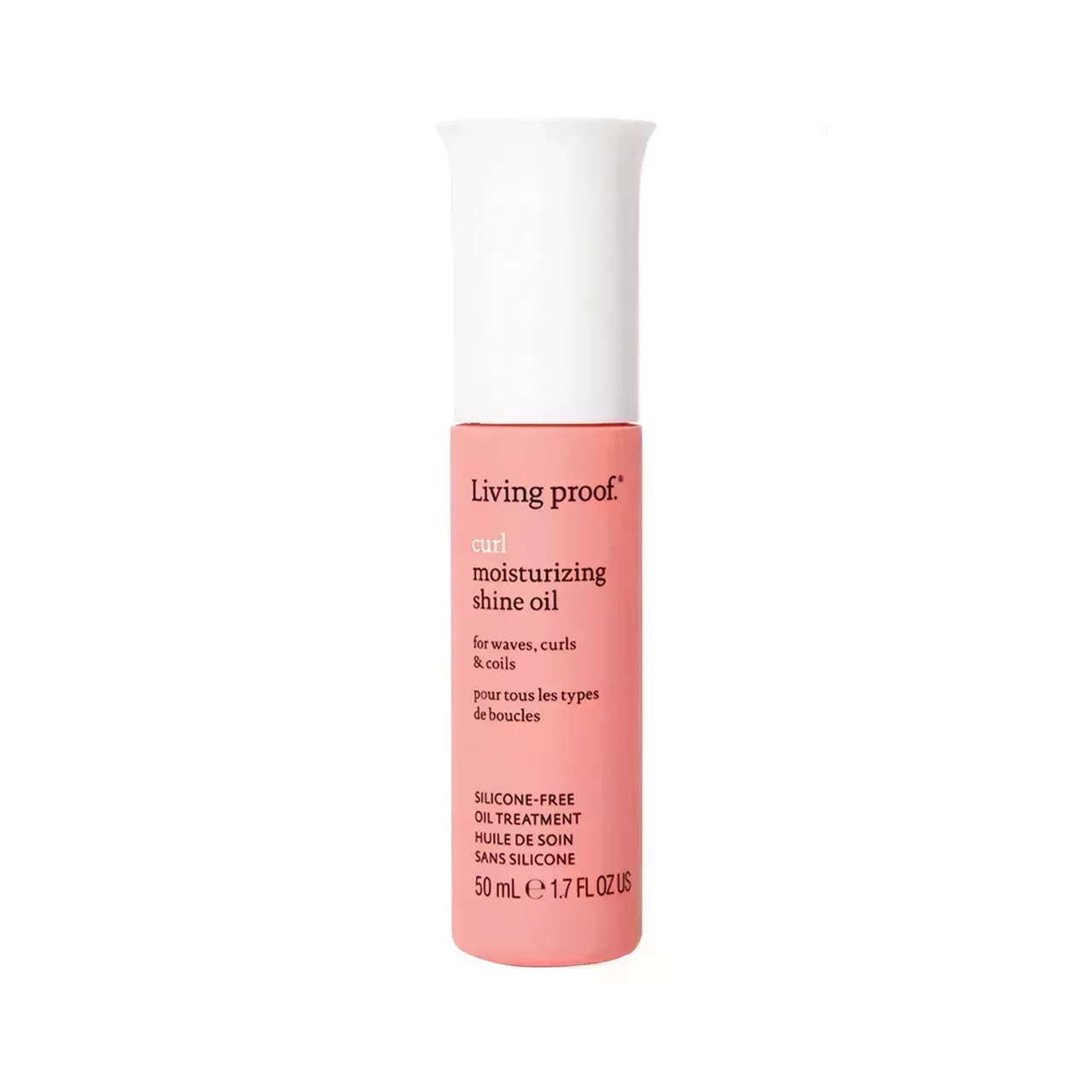 Living Proof Curl Moisturizing Shine Oil pink bottle of hair oil with white cap on white background