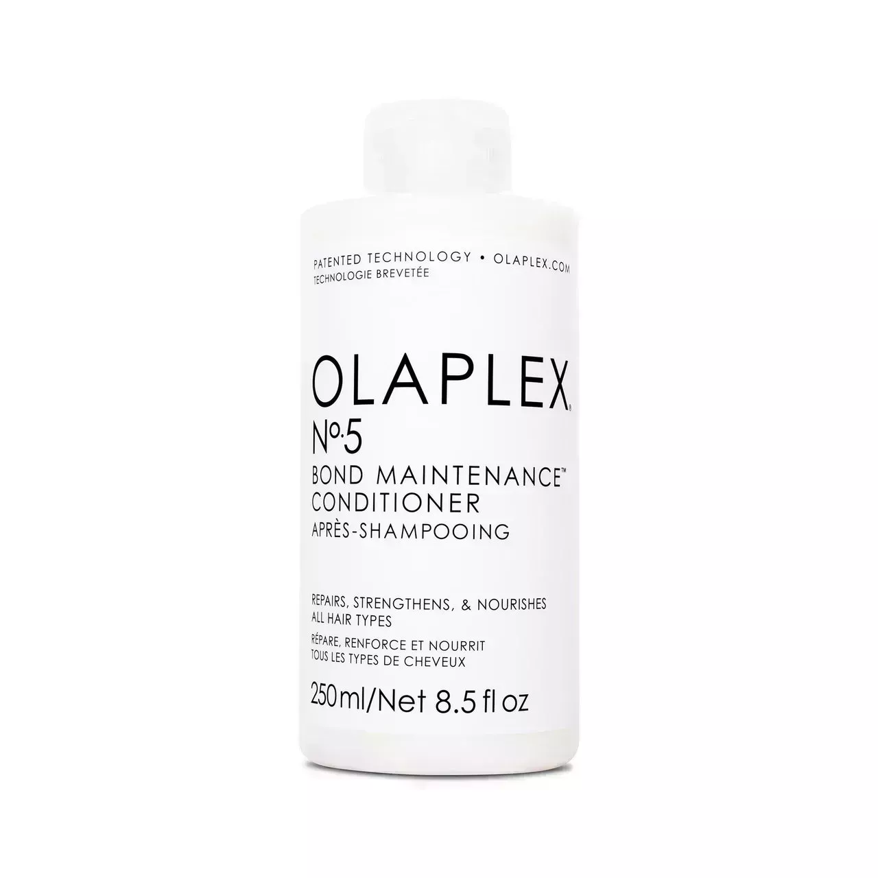 Olaplex No. 5 Bond Maintenance Conditioner white bottle of conditioner with white cap on white background