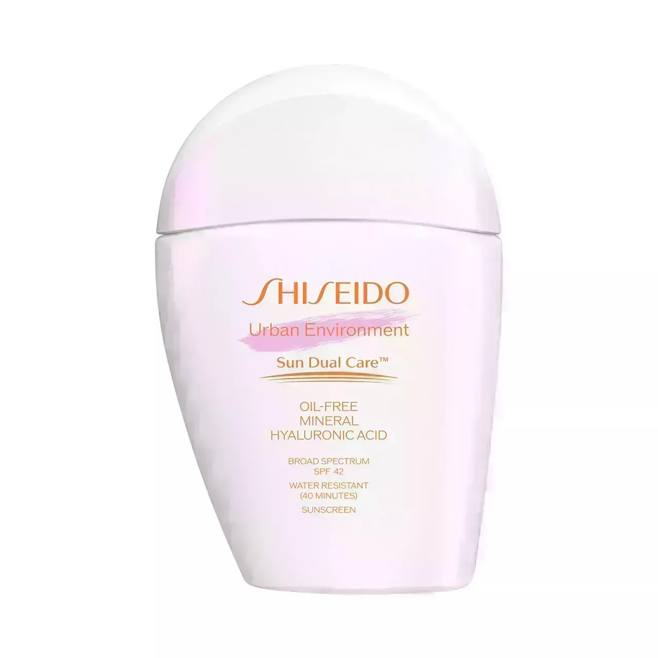 Shiseido Urban Environment Oil-Free Mineral Sunscreen SPF 42 white asymmetrical bottle of sunscreen with orange text on white background