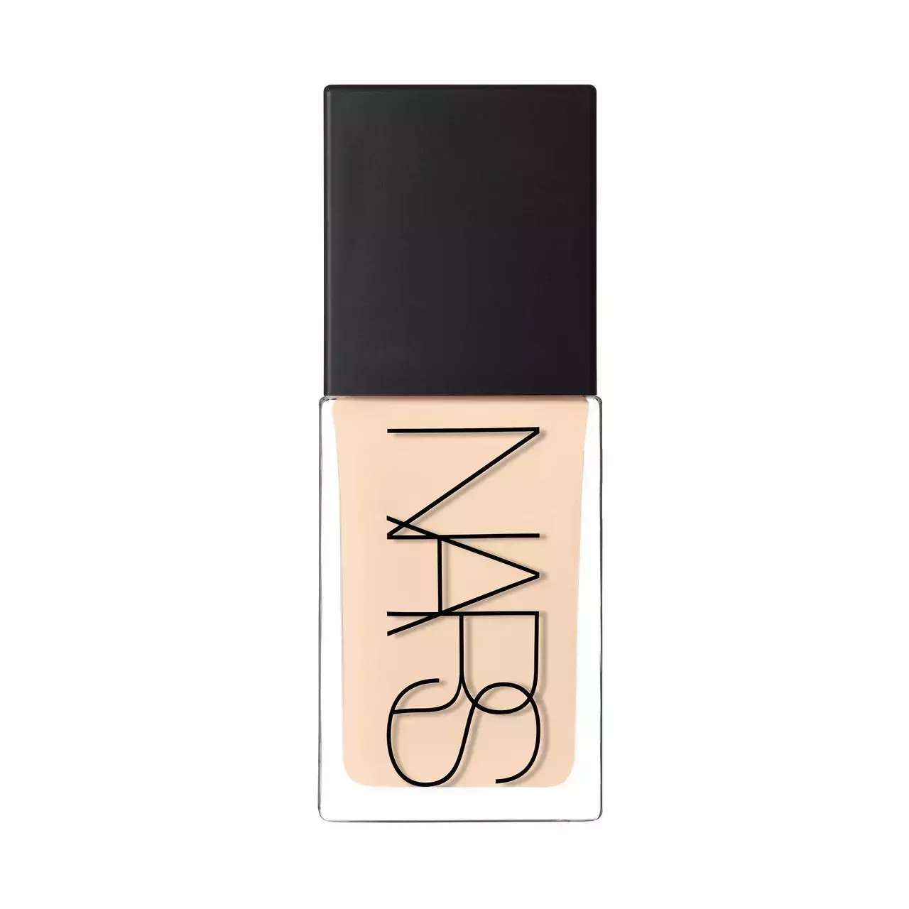 Nars Cosmetics Light Reflecting Foundation transparent rectangular bottle of foundation with black cap on white background