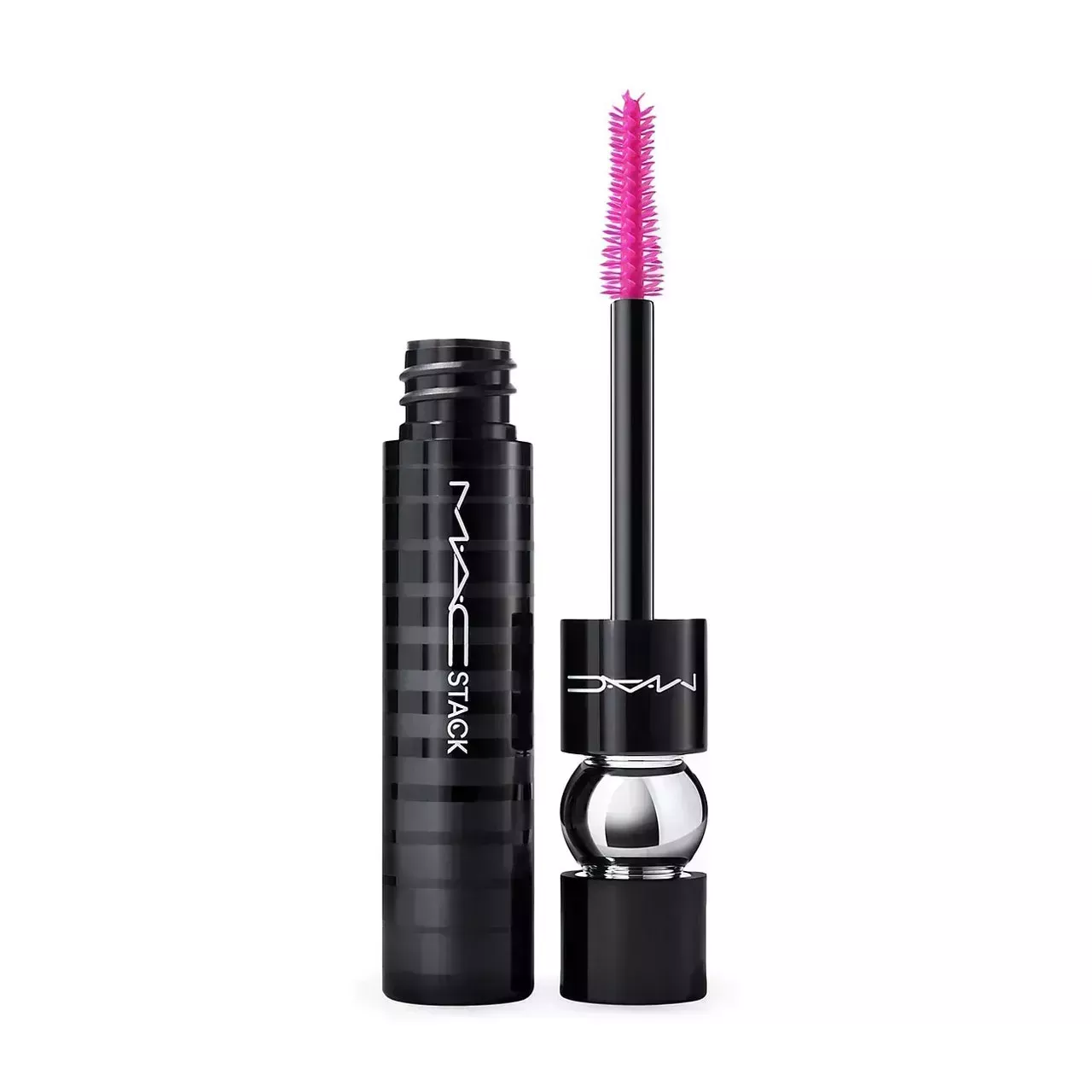 MAC MACStack Mascara black tube of mascara with silver bulb detail and hot pink bristles on white background