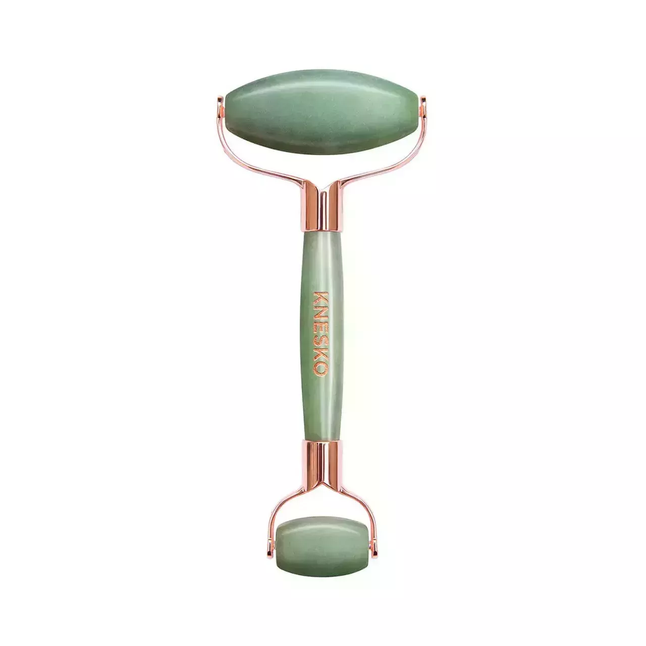 Knesko Skin Green Jade Gemstone Roller green and rose gold jade roller on white background