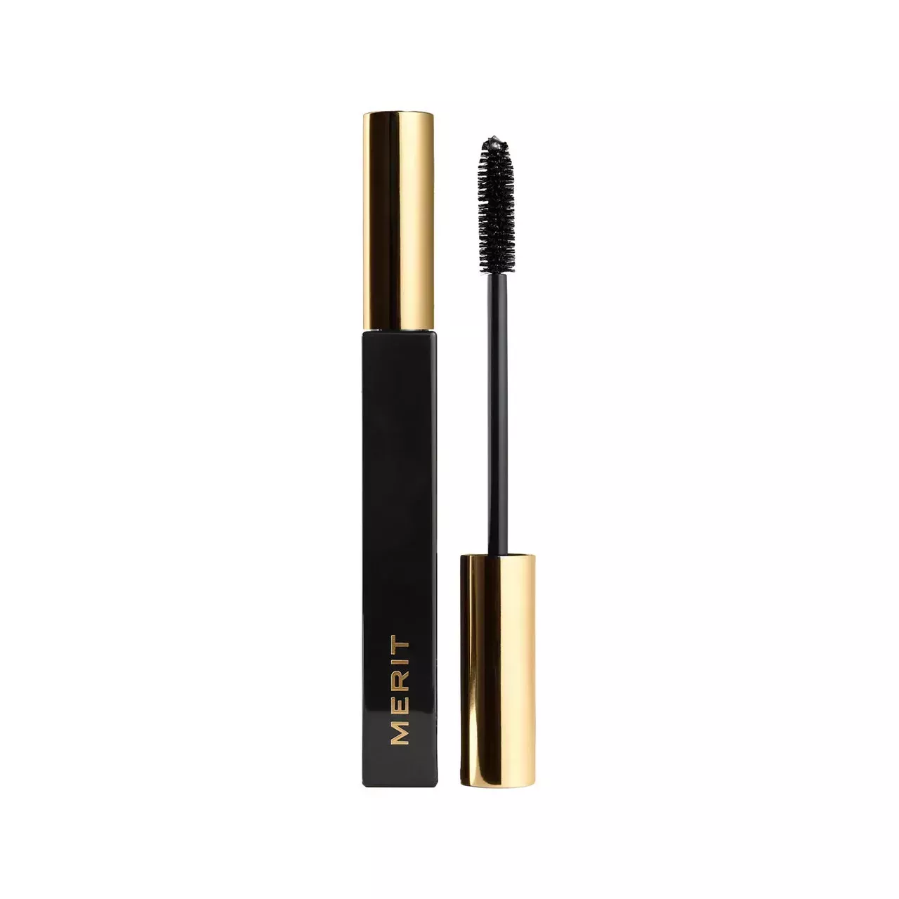 Merit Clean Lash Lengthening Mascara black rectangular tube of mascara with gold cap on white background