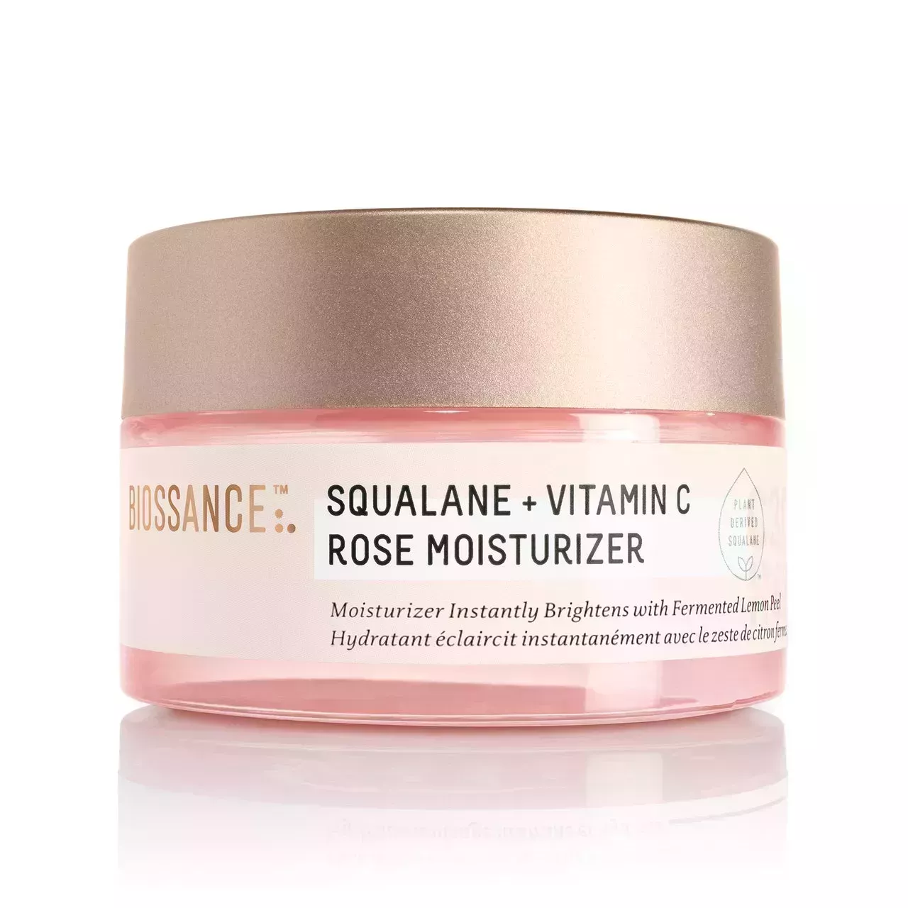 Biossance Squalane + Vitamin C Rose Moisturizer pink jar with gold lid on white background