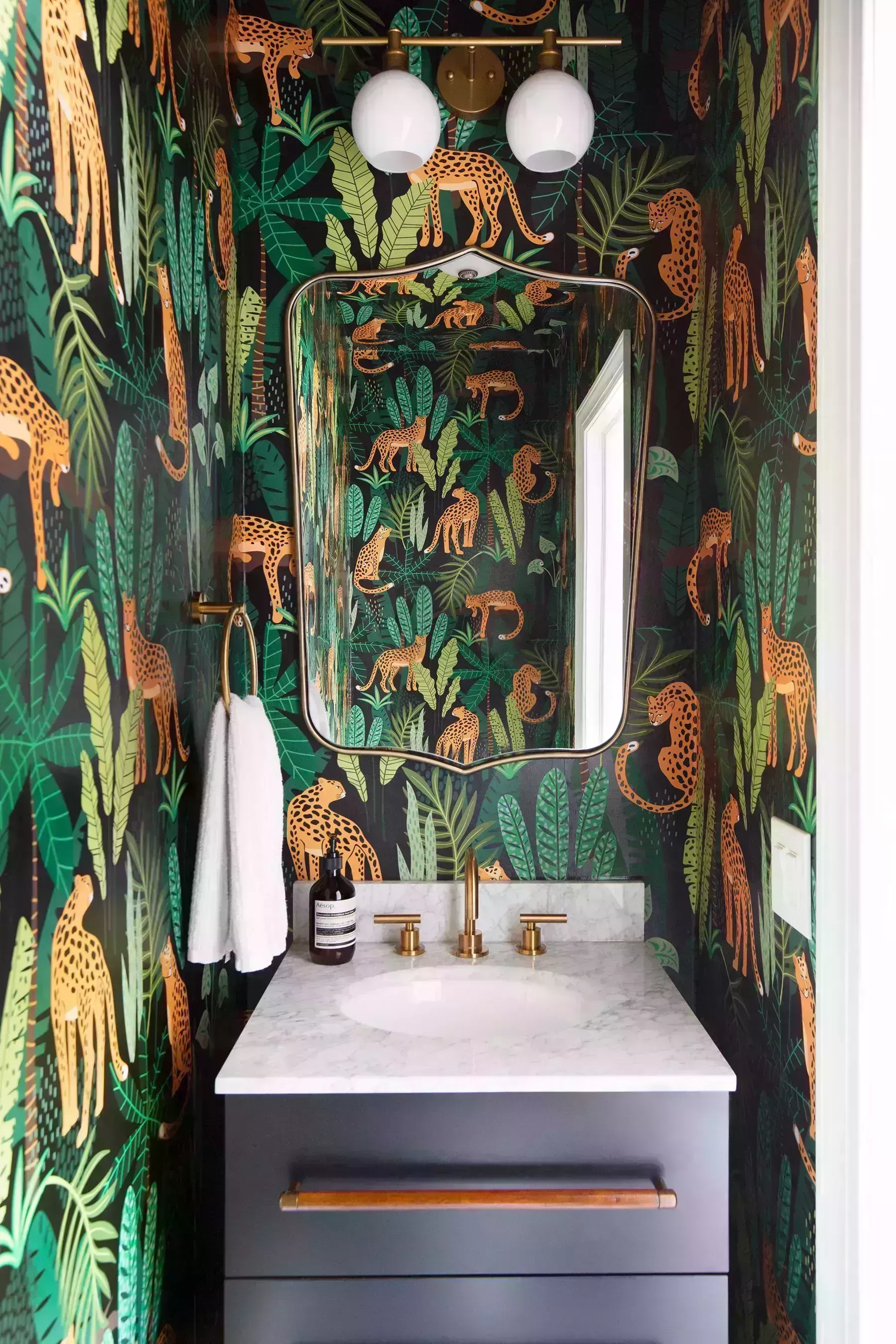 animal print wallpaper in bathroom