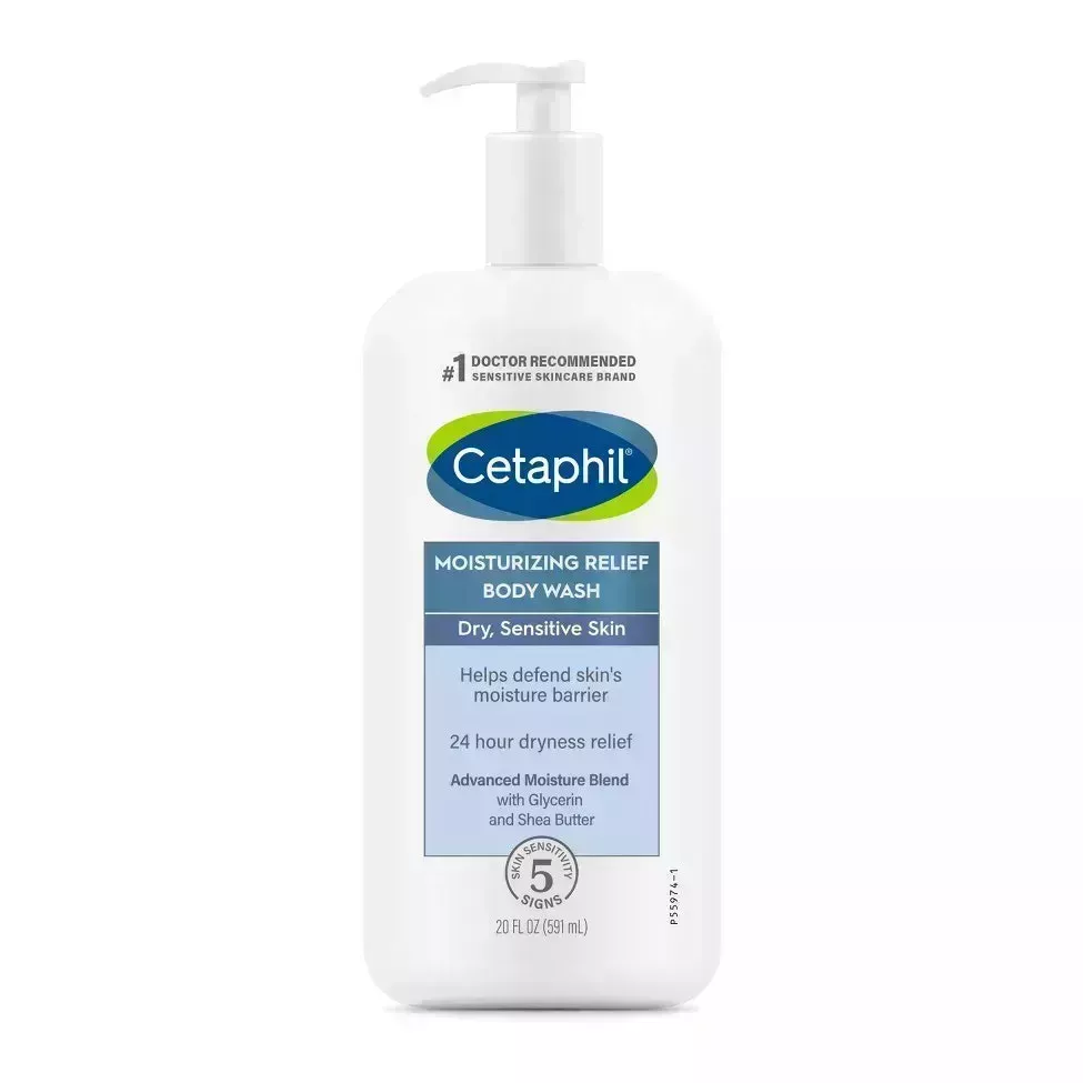 Cetaphil Moisturizing Relief Body Wash white pump bottle with blue label on white background