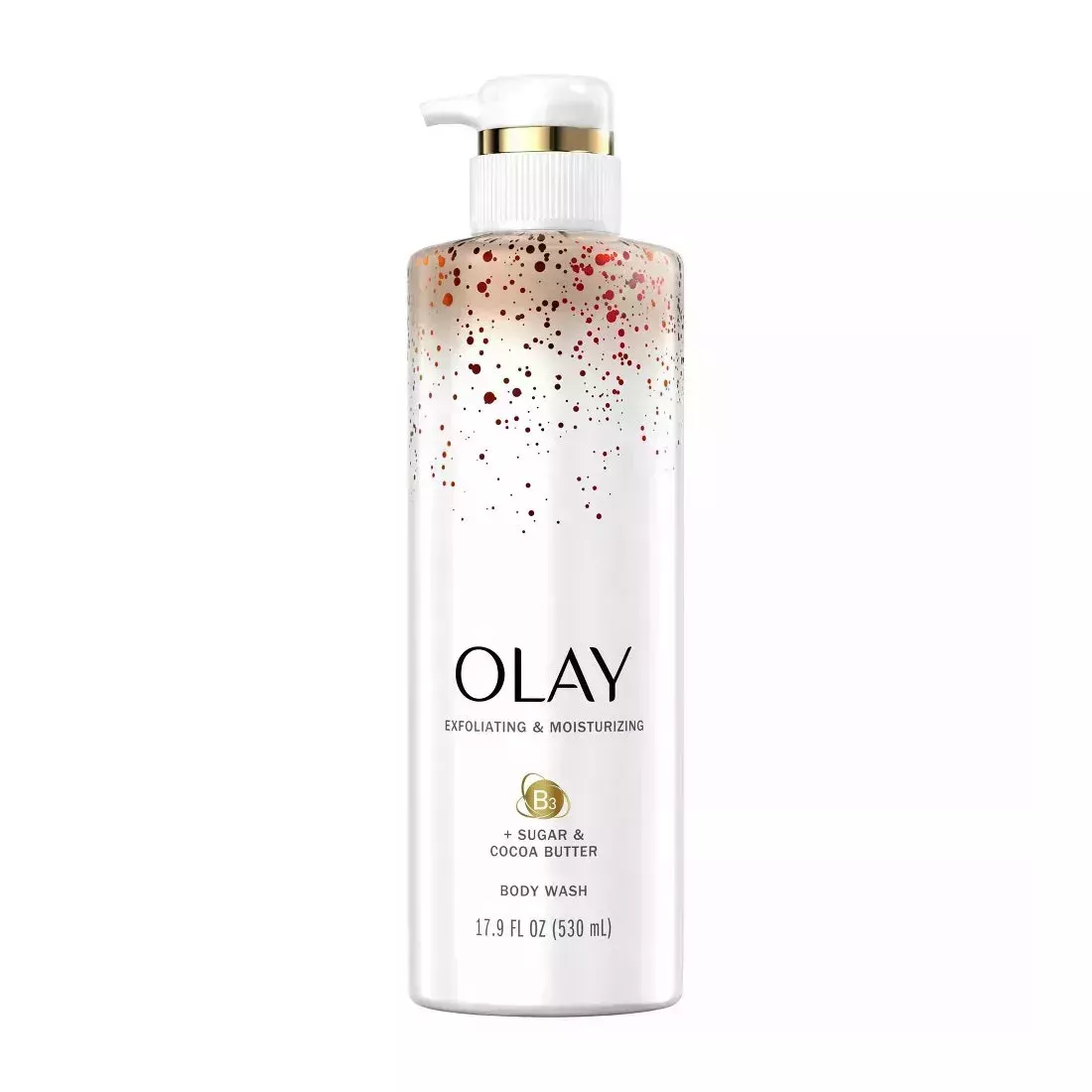 Olay Exfoliating & Moisturizing Body Wash with Sugar, Cocoa Butter, and Vitamin B3 white pump bottle with red confetti design on white background