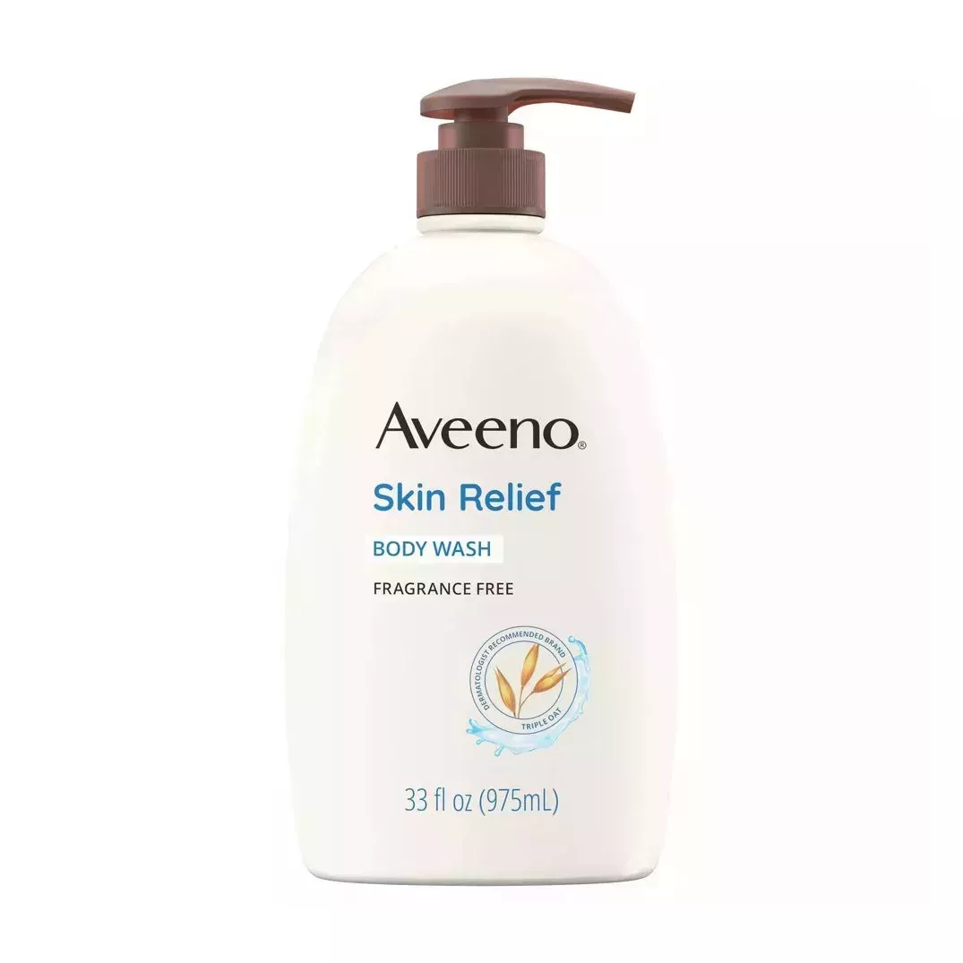 Aveeno Skin Relief Body Wash off white bottle with brown pump on white background