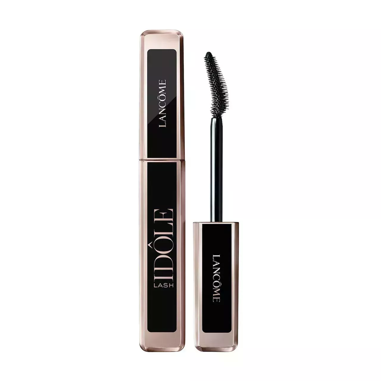 Lancôme Lash Idôle Lash-Lifting & Volumizing Mascara black and pale pink chrome tube of mascara on white background