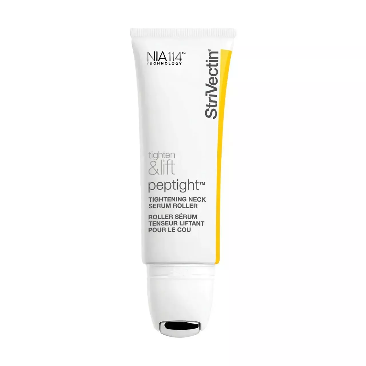 StriVectin Peptight Tightening Neck Serum Roller white tube with yellow stripe down the side and silver roller on white background