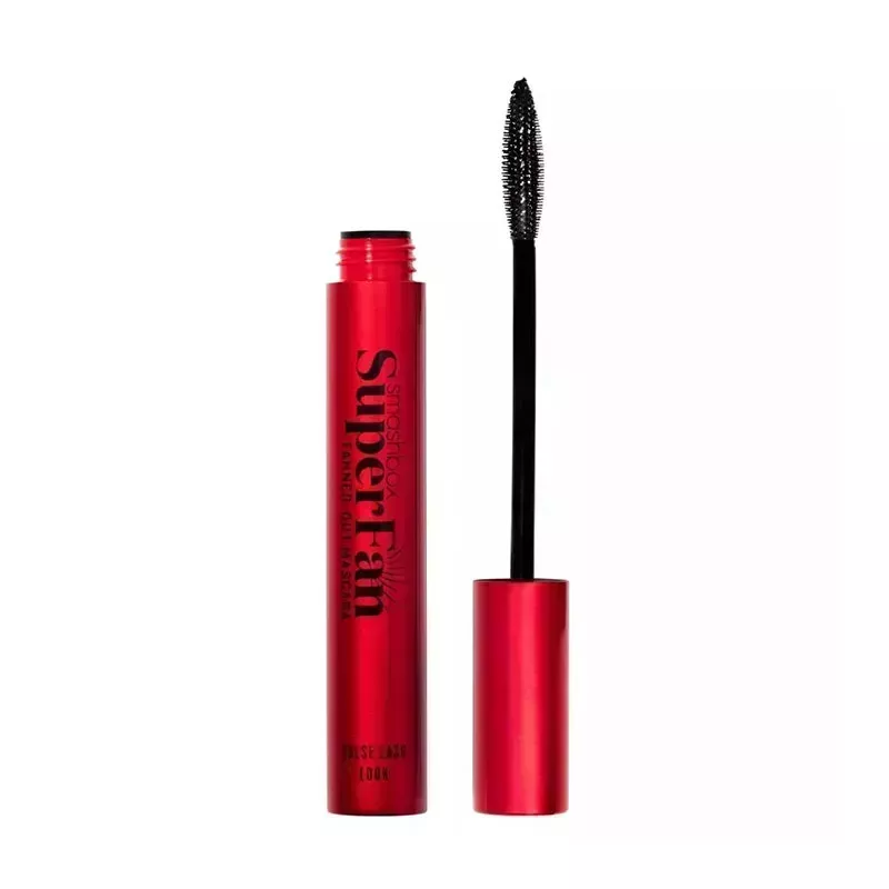 A red mascara tube of the Smashbox Superfan Mascara on a white background