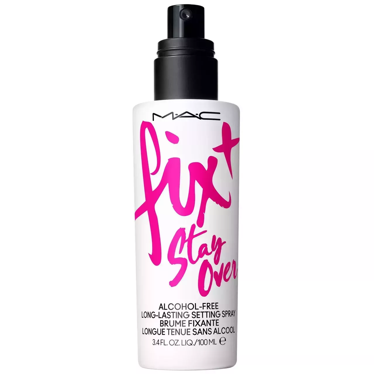 MAC Fix + Stayover Setting Spray white spray bottle with pink text and black spray nozzle on white background