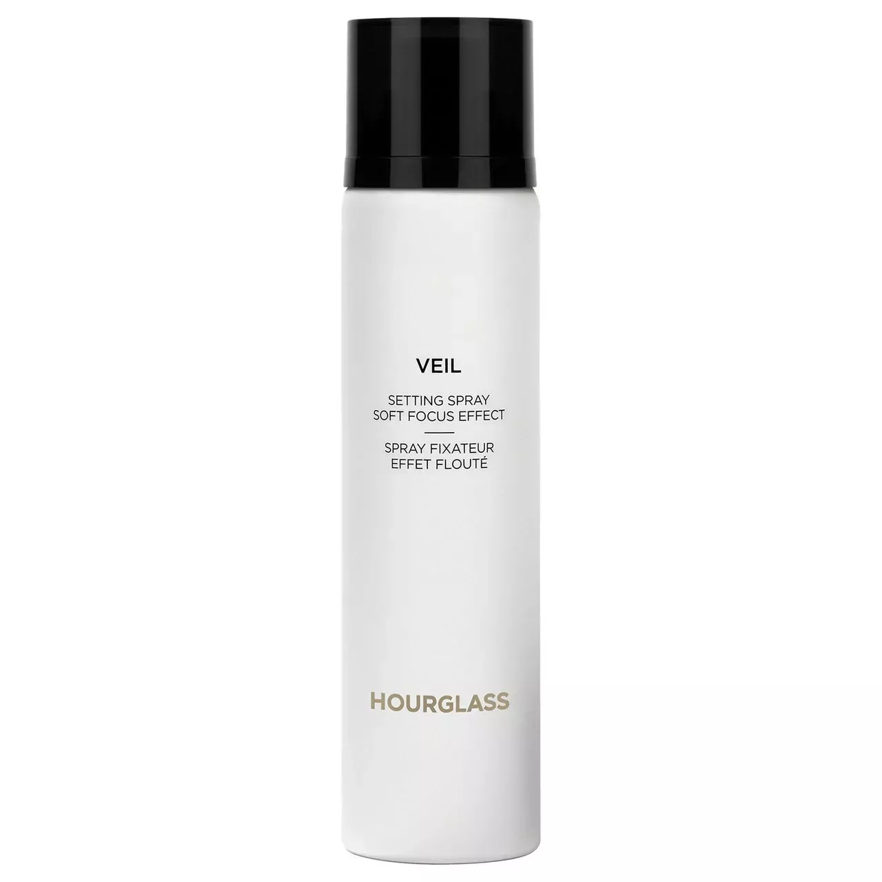 Hourglass Veil Soft Focus Setting Spray white spray bottle with white cap on white background