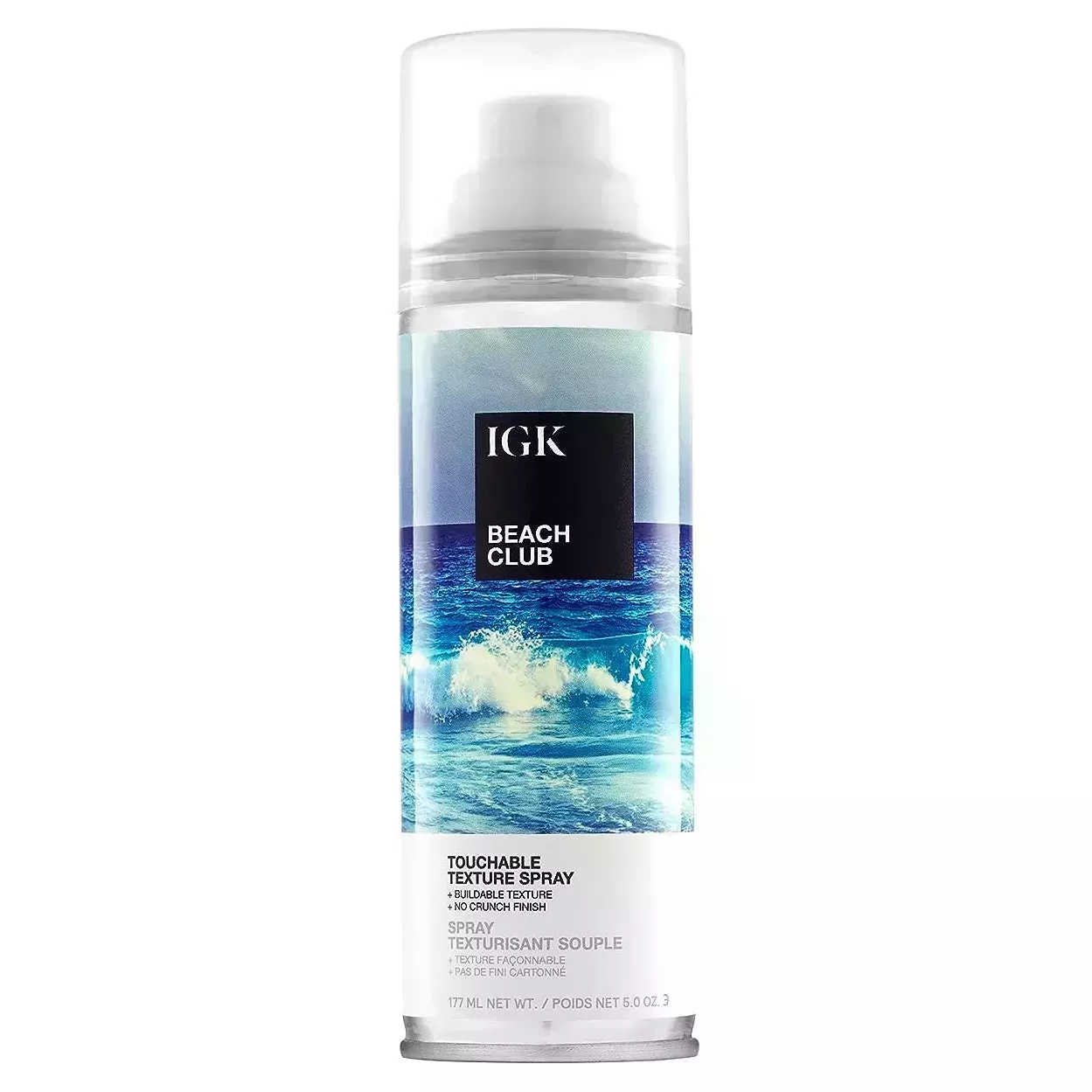 IGK Beach Club Texture Spray metal spray bottle with wave photo label and cloudy white cap on white background