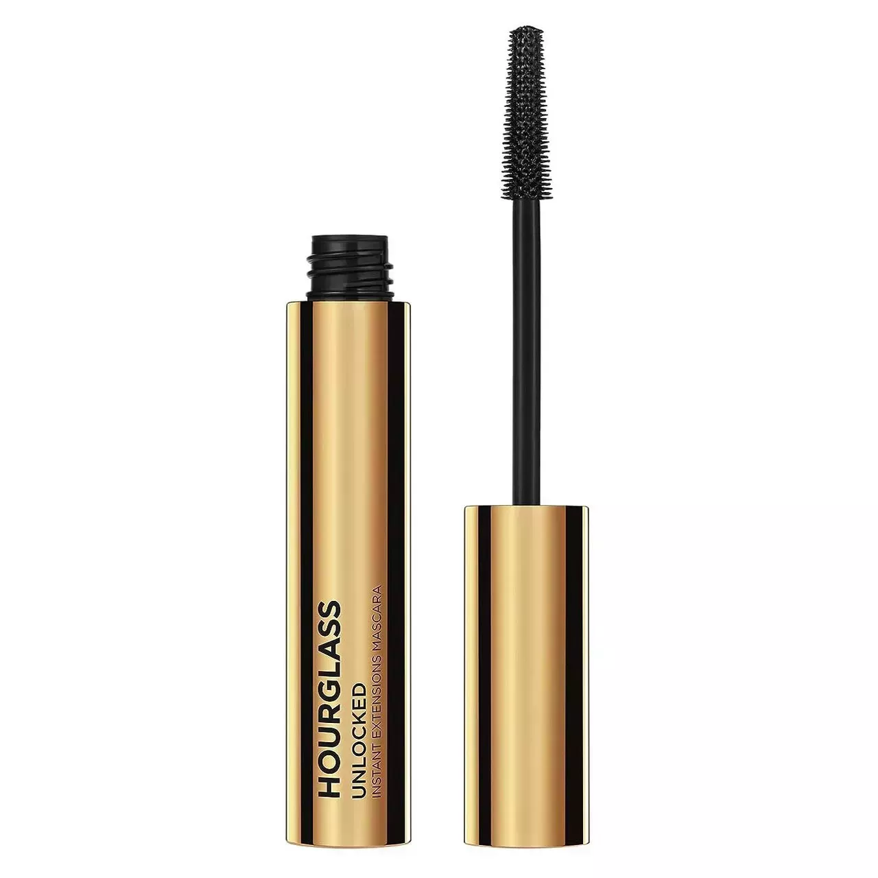 Hourglass Unlocked Instant Extensions Mascara gold tube of mascara with cap and wand to the side on white background