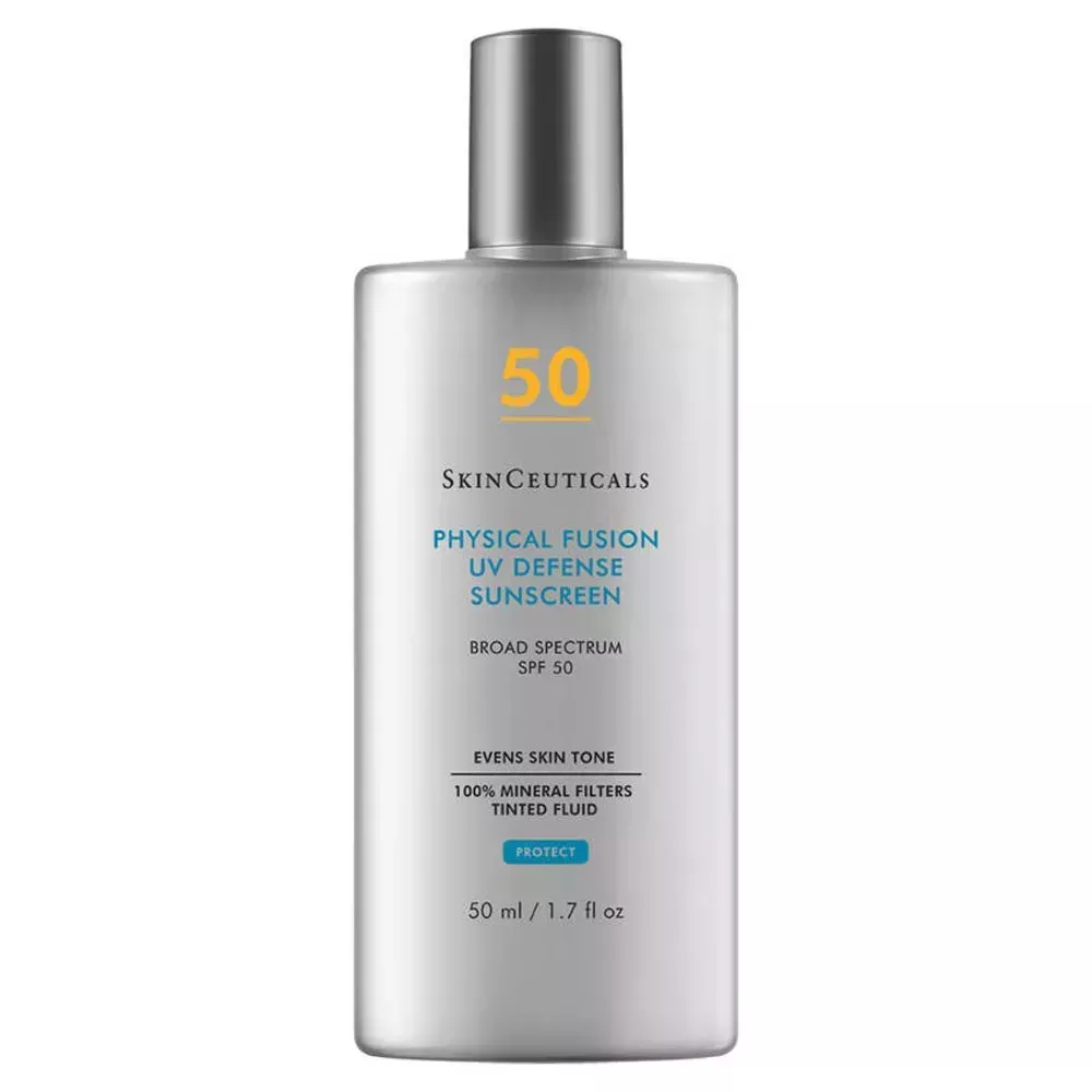 Skinceuticals Physical Fusion SPF 50 in silver bottle on white background