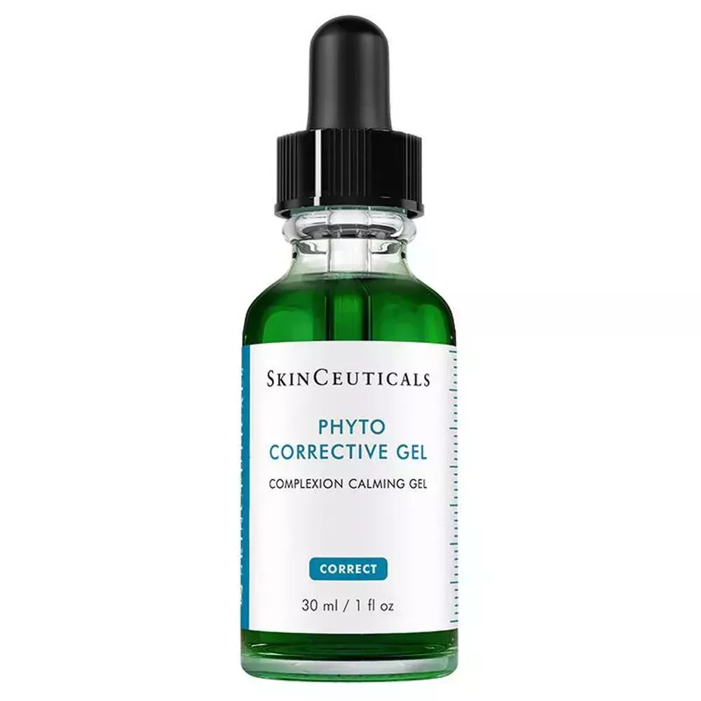 Skinceuticals Phyto Corrective Gel glass dropper bottle with green contents on white background