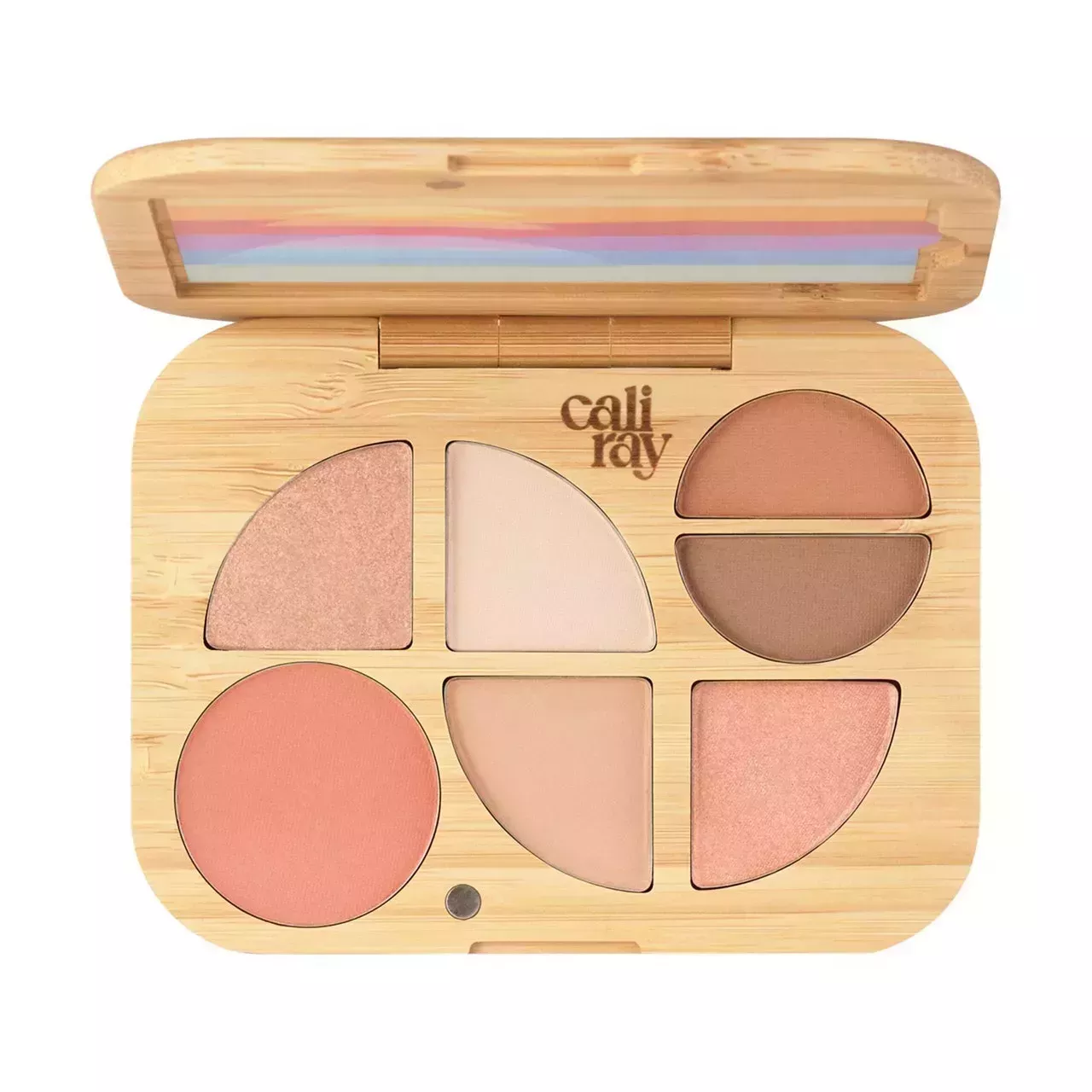 Caliray Endless Sunset Face and Eyeshadow Palette wood palette of neutral eyeshadows, blushes, and bronzer on white background