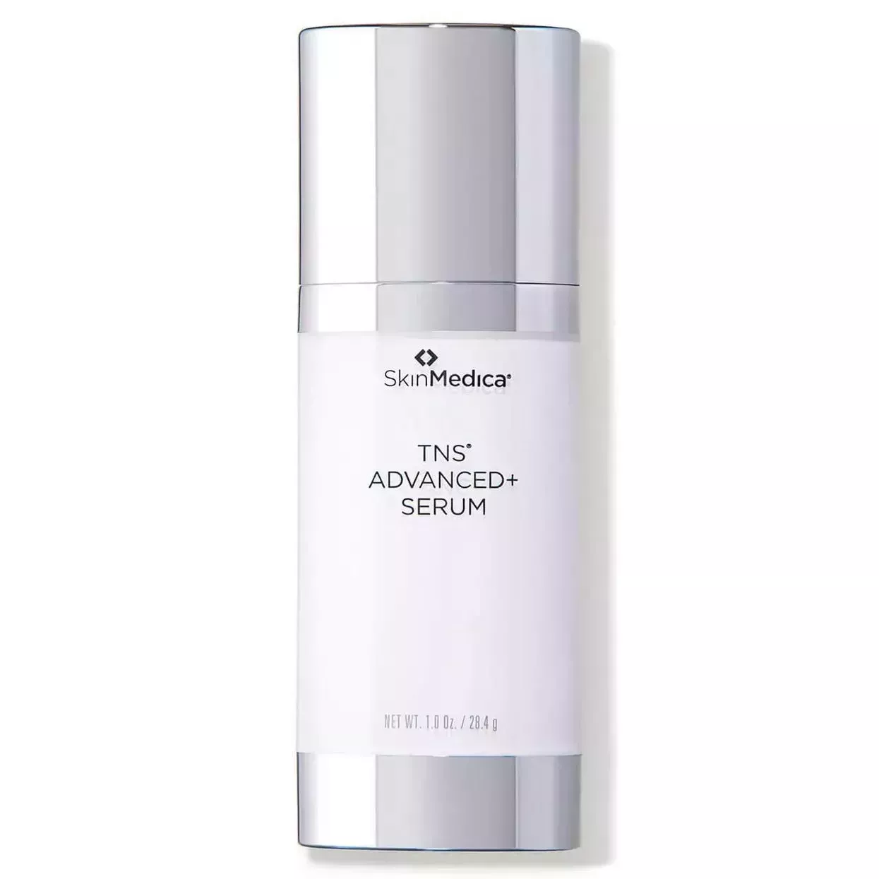 SkinMedica TNS Advanced+ Serum silver and white cylinder serum bottle on white background