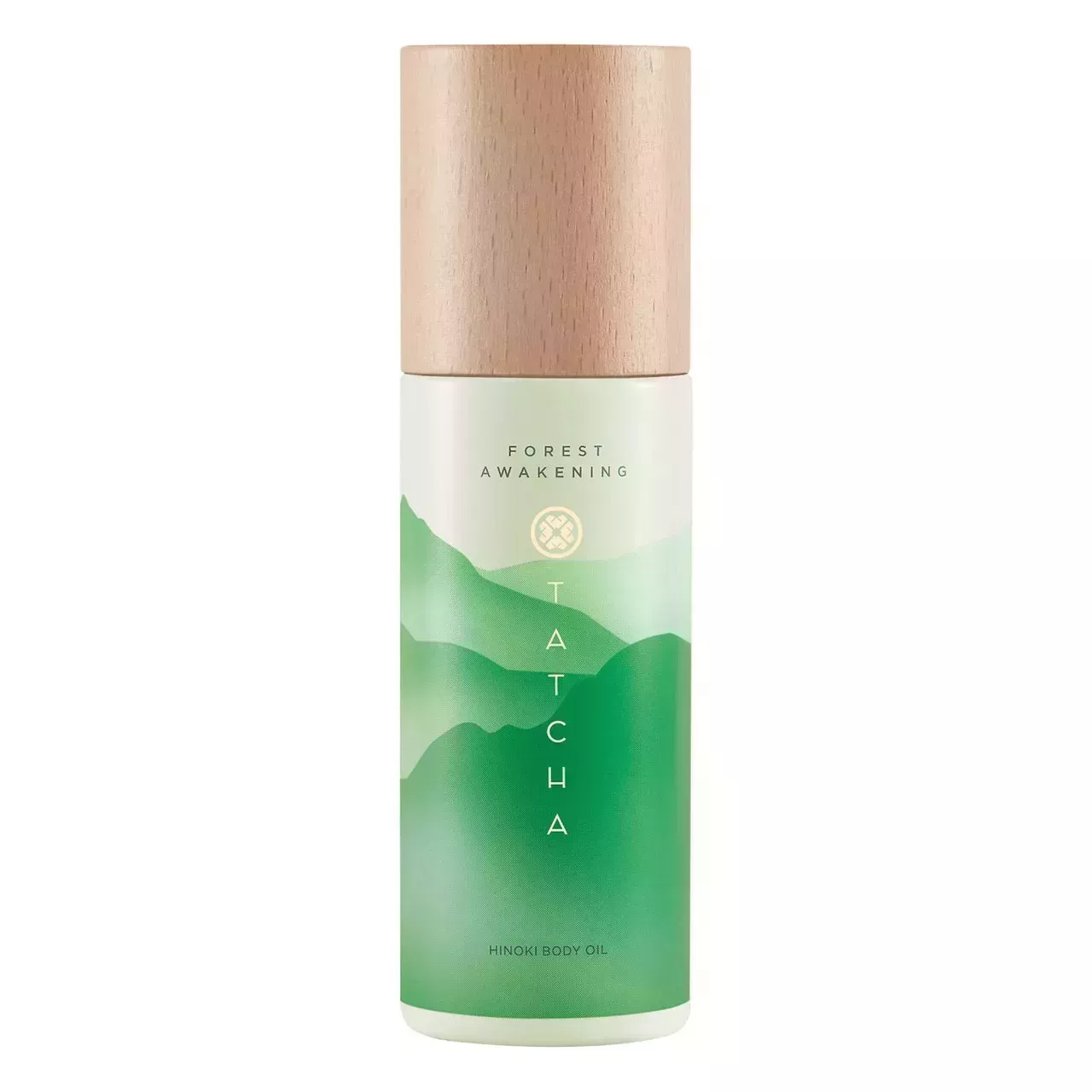 Tatcha Hinoki Body Oil green mountain print bottle of body oil with tan cap on white background