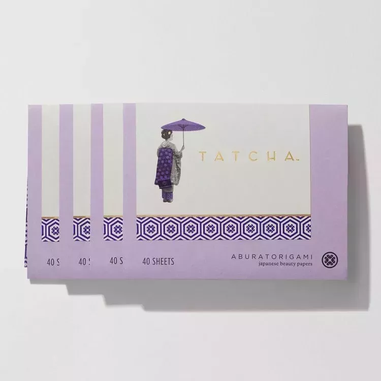 Tatcha Aburatorigami Japanese Blotting Papers purple box of blotting papers on gray background