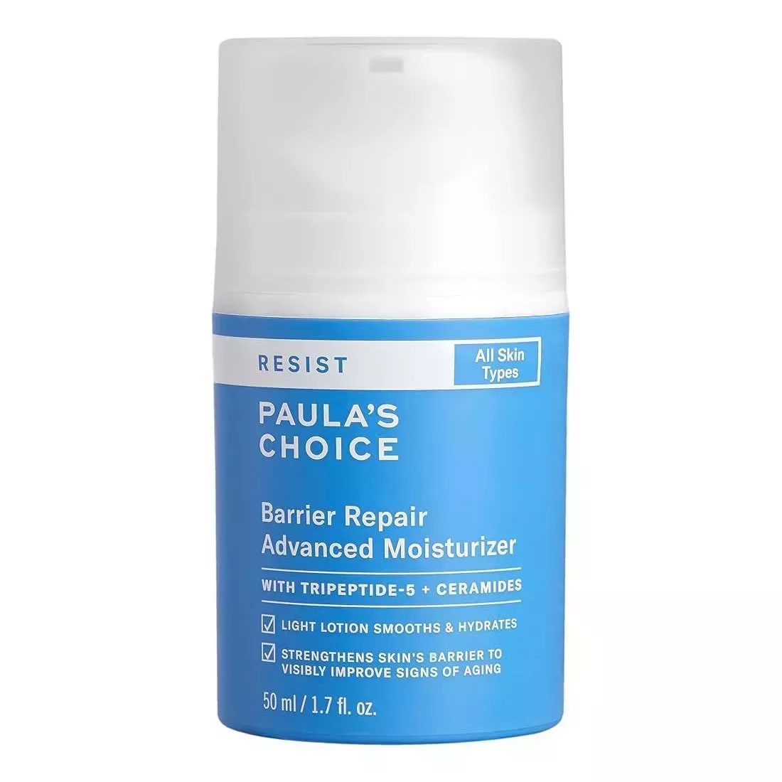 Paula's Choice Barrier Repair Advanced Moisturizer blue bottle on white background