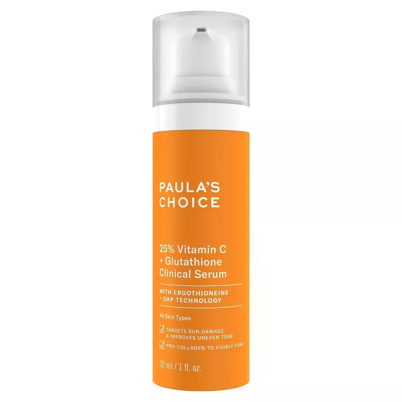 Paula's Choice 25% Vitamin C + Glutathione Clinical Serum in orange pump bottle on white background