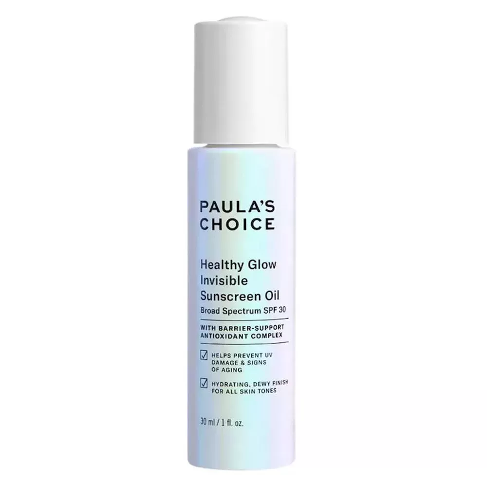 Paula's Choice Healthy Glow Invisible Sunscreen Oil SPF 30 in white bottle on white background