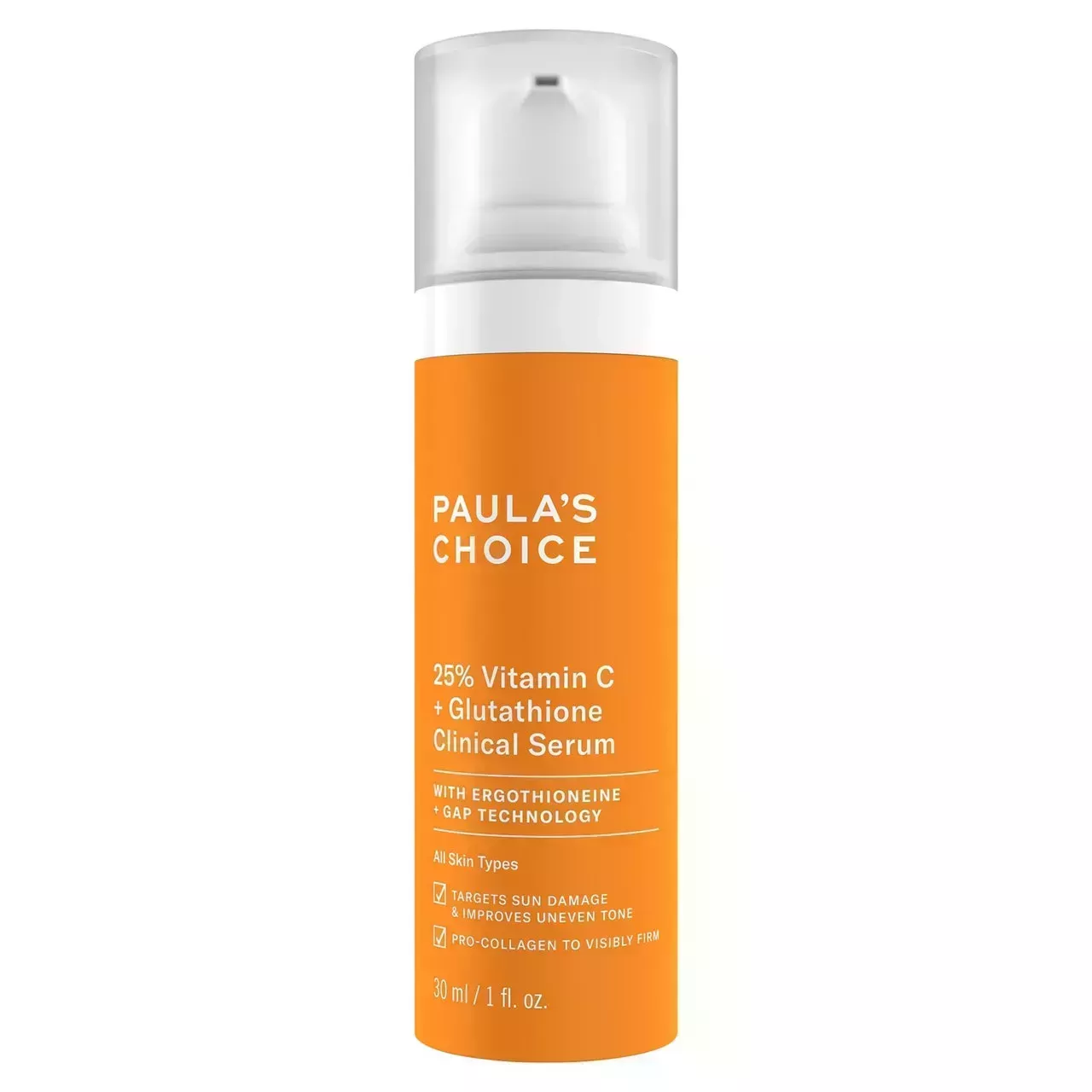 Paula's Choice 25% Vitamin C + Glutathione Clinical Serum in orange pump bottle on white background