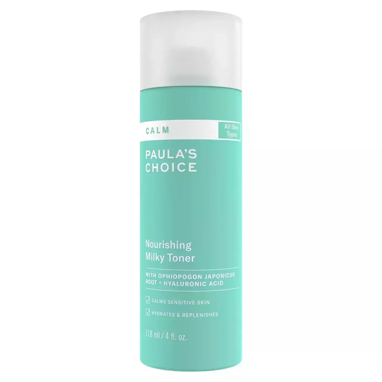 Paula's Choice Nourishing Milky Toner in mint bottle on white background