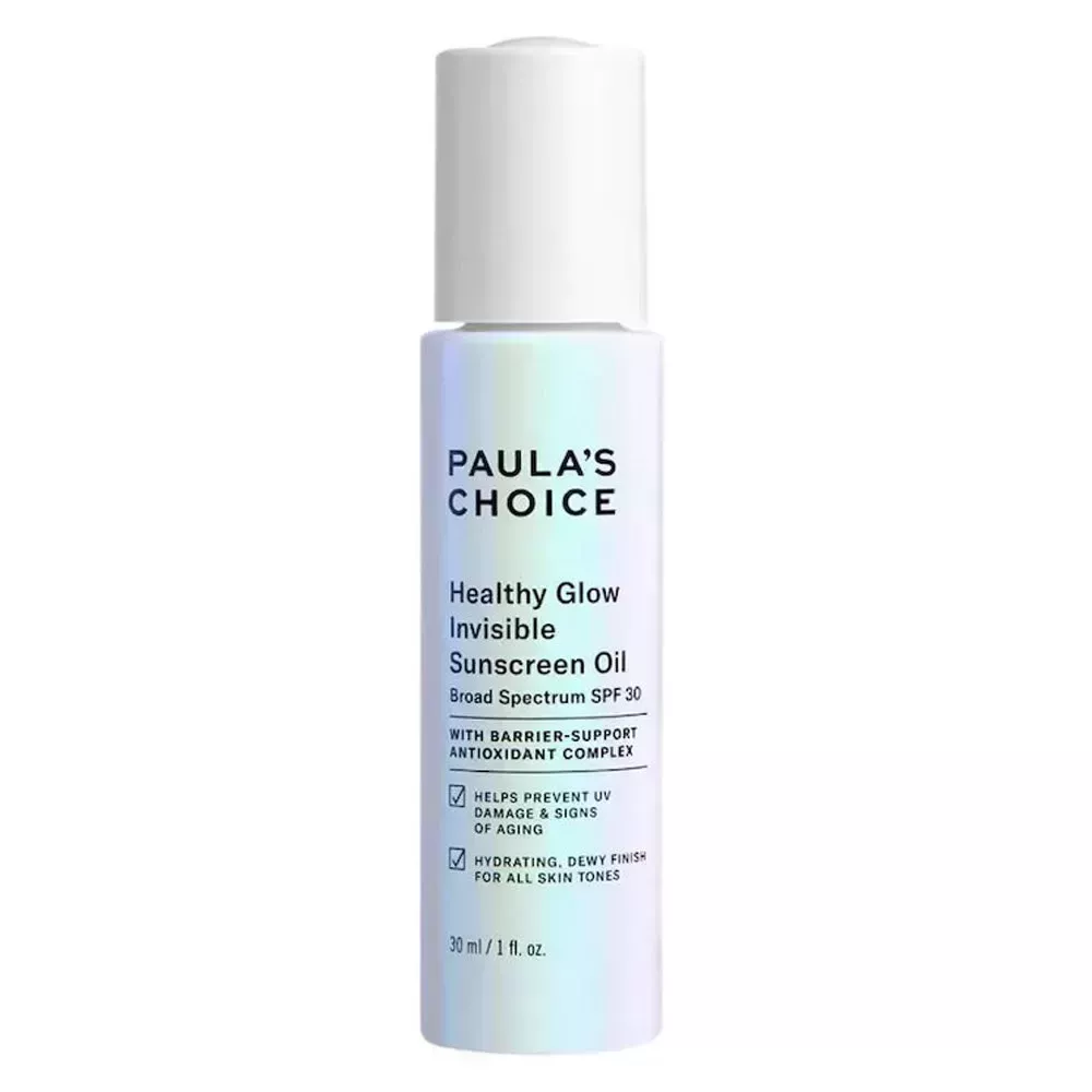 Paula's Choice Healthy Glow Invisible Sunscreen Oil SPF 30 in white bottle on white background