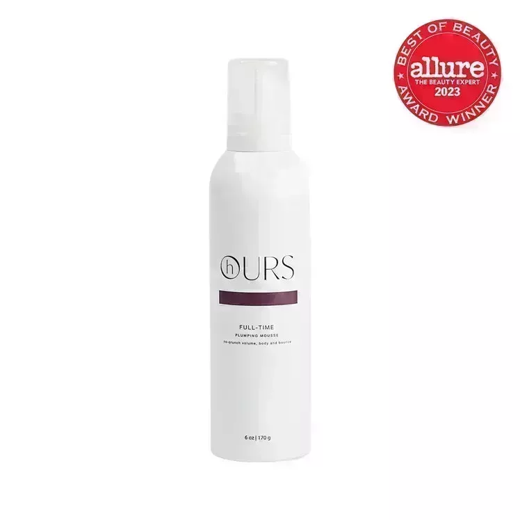 Hours Full-Time Plumping Mousse white bottle on white background with red Allure BoB seal in the top right corner