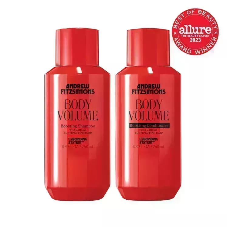 Andrew Fitzsimons Body Volume Shampoo + Conditioner two red bottles on white background with red Allure BoB seal in the top right corner