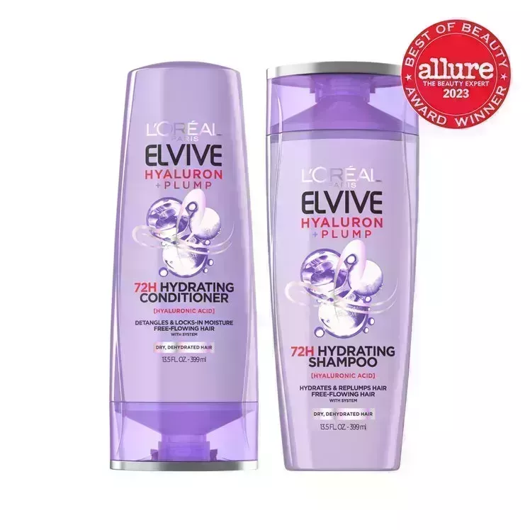 L'Oréal Paris Elvive Hyaluron Plump Shampoo + Conditioner two purple bottles of champú and conditioner on white background with red Allure BoB seal in the top right corner