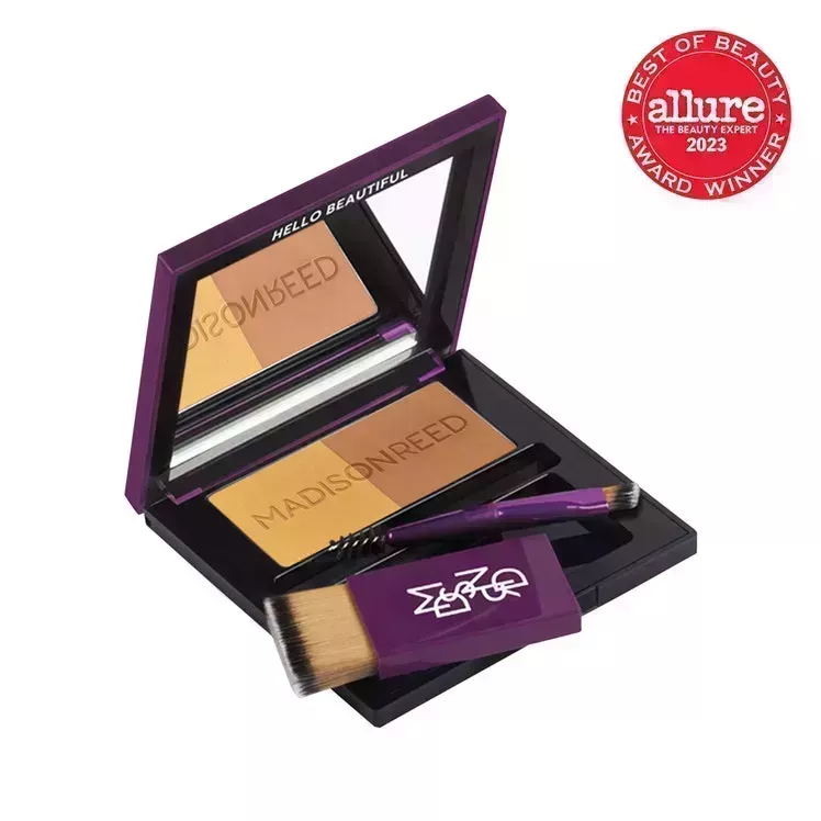 Madison Reed The Great Cover Up Root Touch Up + Brow Filler purple and black square compact of root coverage powder with mirror and brushes on white background with red Allure BoB seal in the top right corner