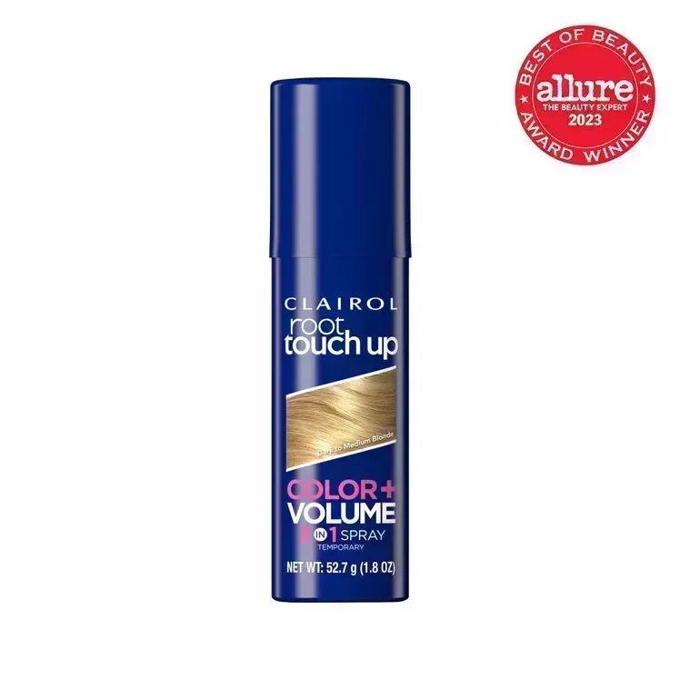 Clairol Root Touch-Up Color + Volume 2 in 1 Spray dark blue root spray canister on white background with red Allure BoB seal in the top right corner