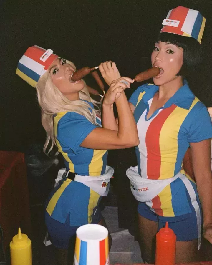 Kourtney Kardashian and Steph Shep halloween with corn dogs