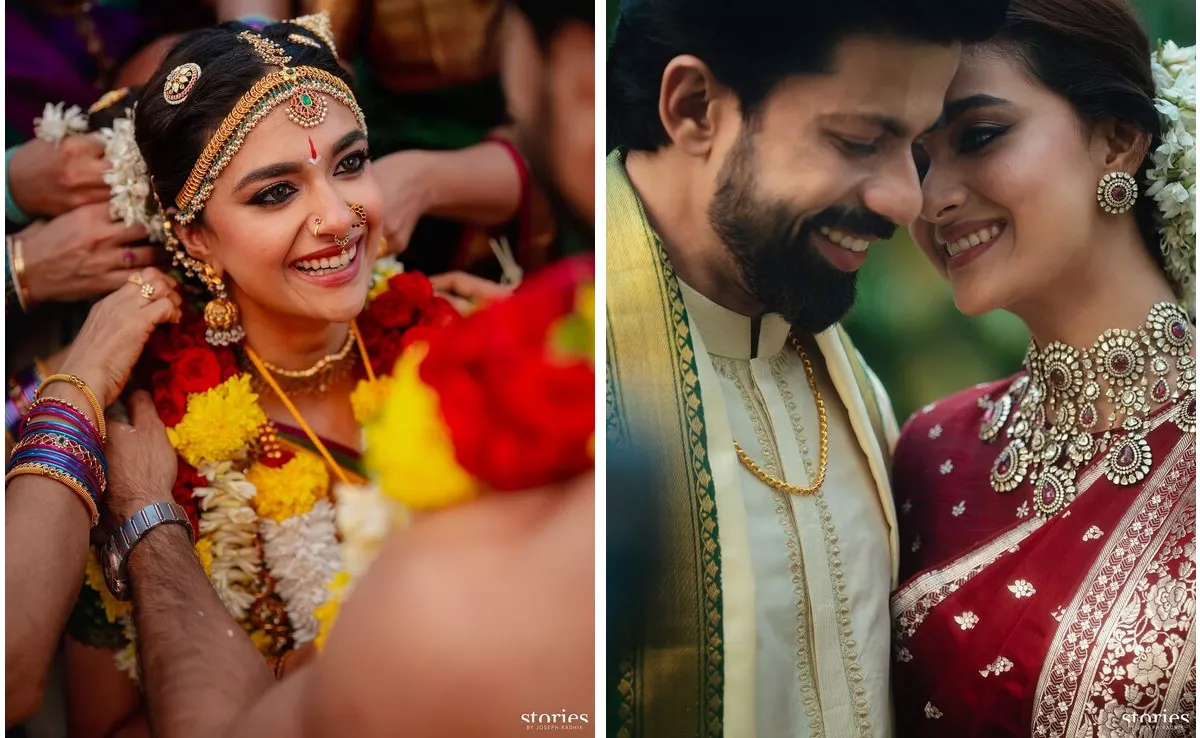 Keerthy Suresh es una elegante novia del sur de India con un maquillaje tradicional de novia